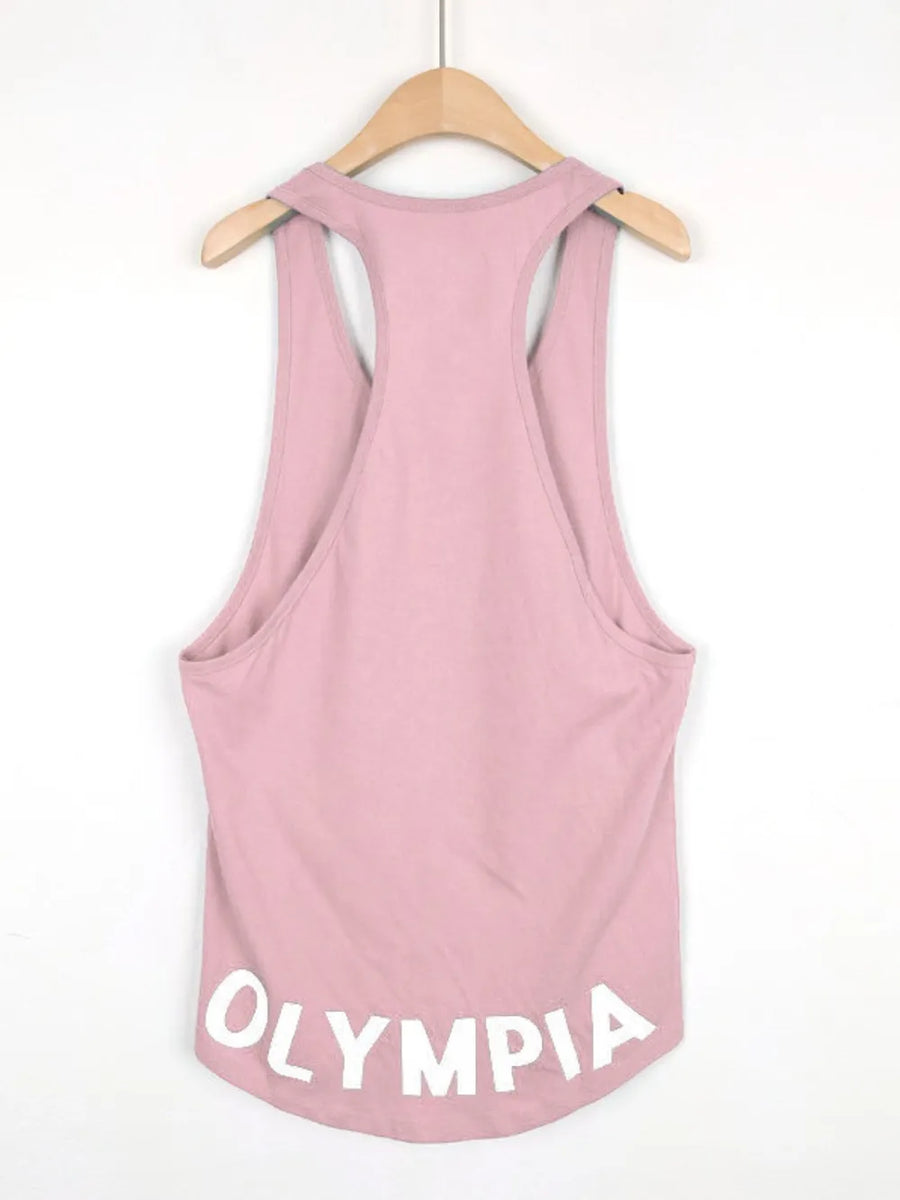 Olympia Racerback Tank top in Dusty Pink with white lettering, racerback, and curved hem.