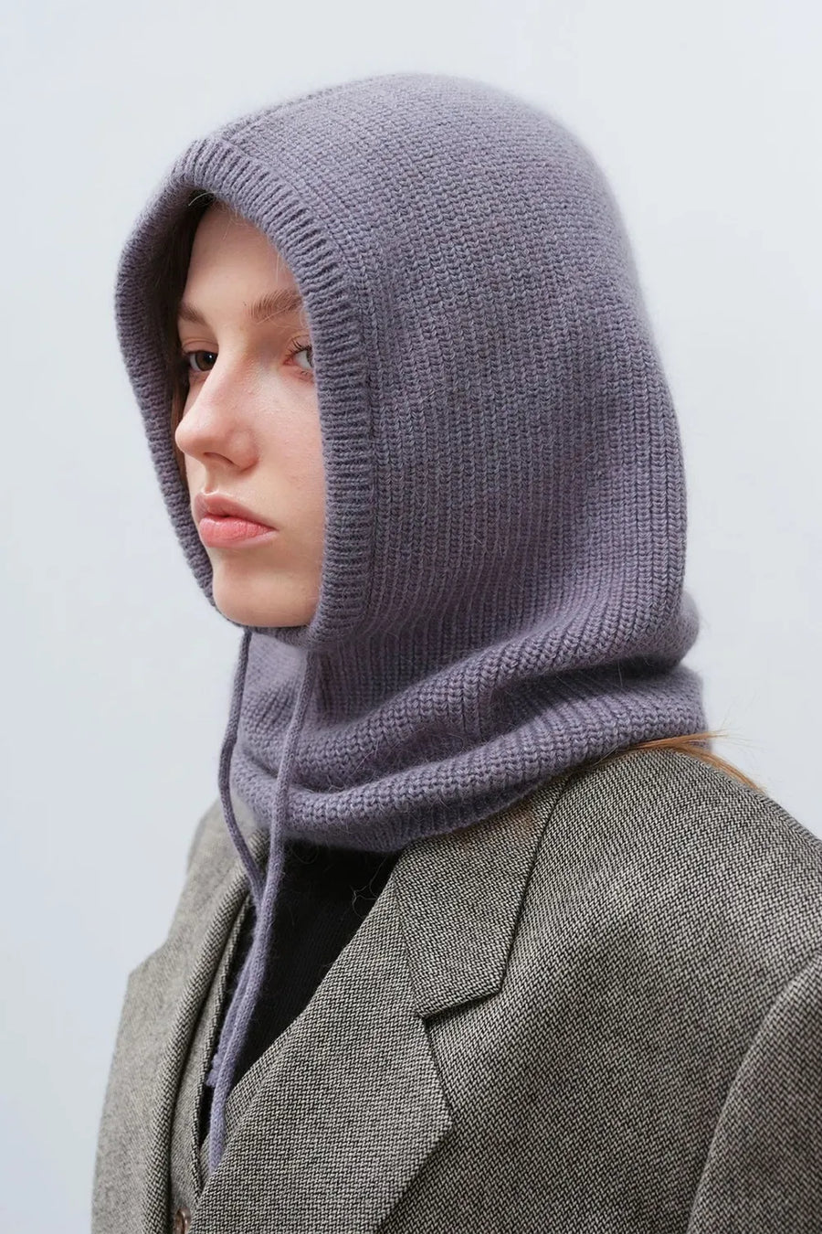 Light gray knit balaclava with hood and drawstring detail