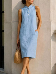 Lotus Color Button Detail Sleeveless Midi Dress