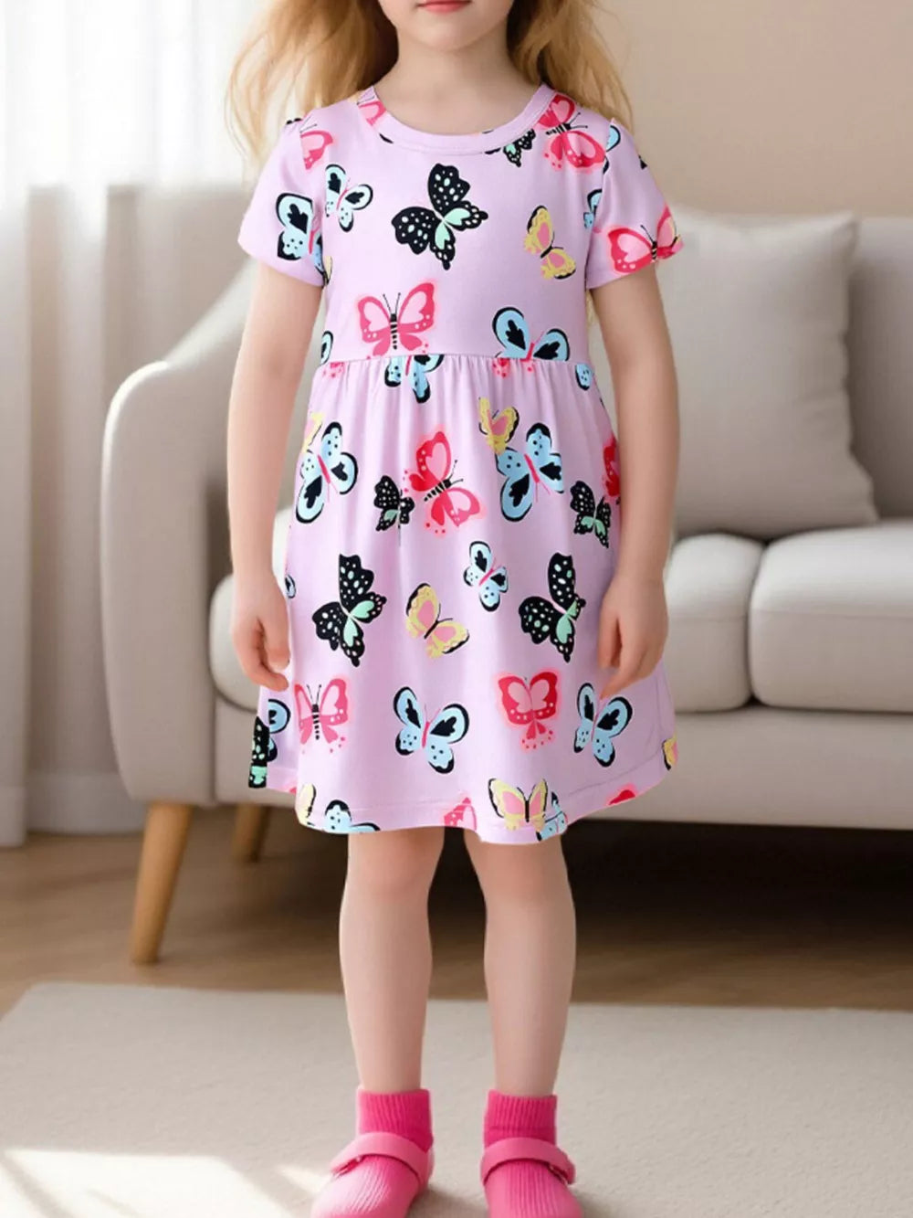 Toddler girl's pink dress with colorful butterfly print, short sleeves, above-the-knee length.