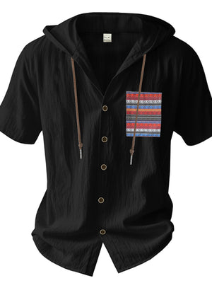 Black short sleeve hooded shirt with patterned chest pocket and drawstring details.