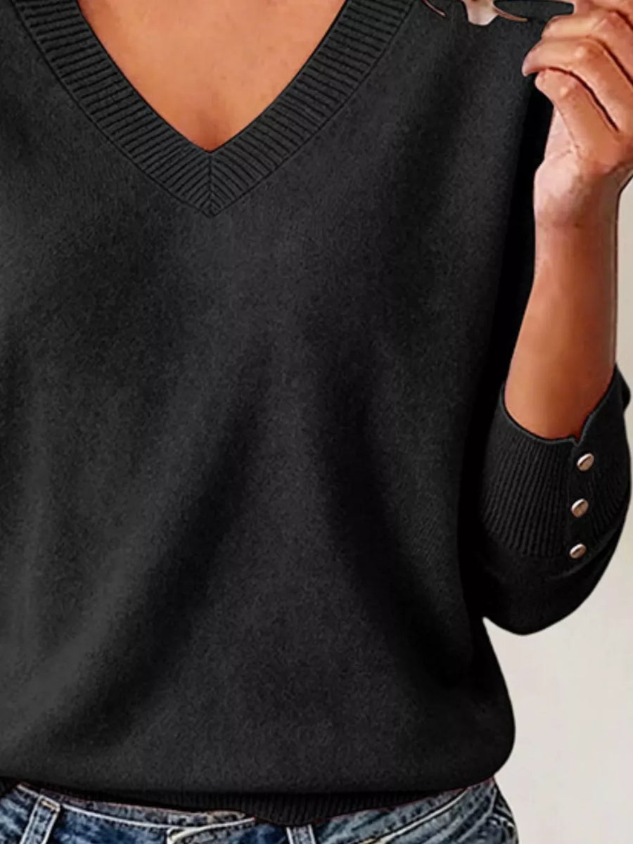 V-neck Long Sleeve Sweater in Beige
