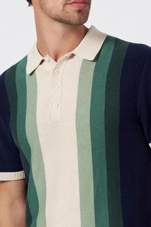 Men's knit polo shirt with cream collar and gradient green and navy stripes.