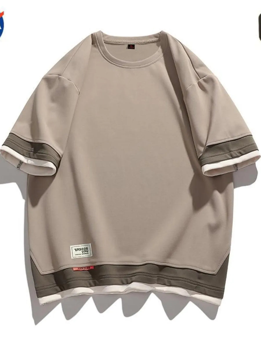 Men's beige cotton blend t-shirt with contrast stitching on sleeves and hem.