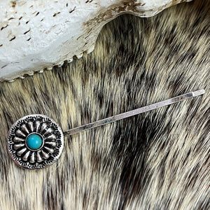 Turquoise blossom hair pin with silver alloy detail