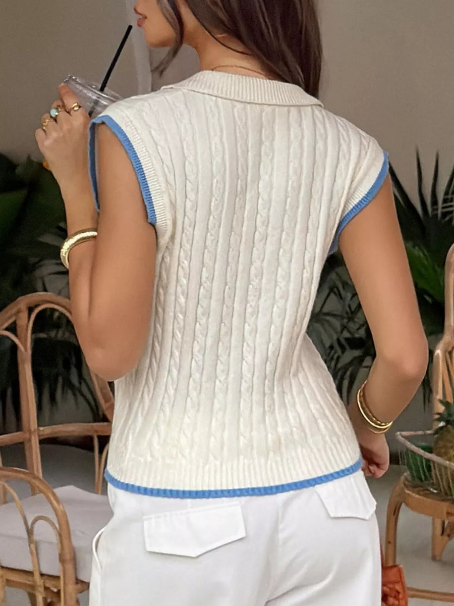 Cable Knit Polo Sweater Vest With Contrast Trim option 5