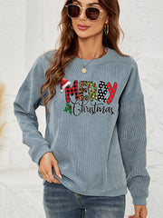 Textured corduroy sweatshirt in Misty Blue with Merry Christmas graphic and Santa hat detail.