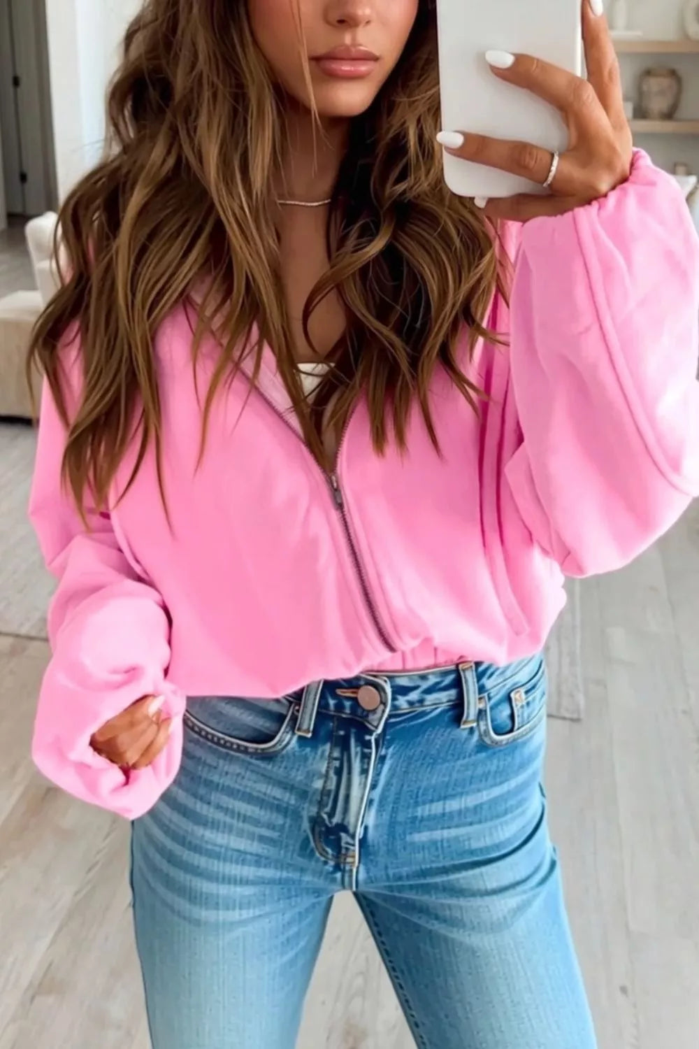 Pink Zip-up One Piece Long Sleeve Hoodie