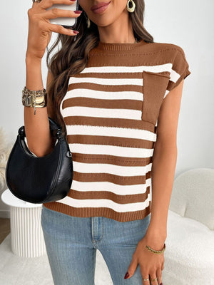 Striped knit sweater in caramel and white with a chest pocket and short sleeves.