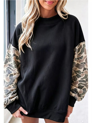 sweatshirt featuring camo in dark brown with 65% polyester, 30% viscose, 5% elastane Care instructions: Machine wash cold