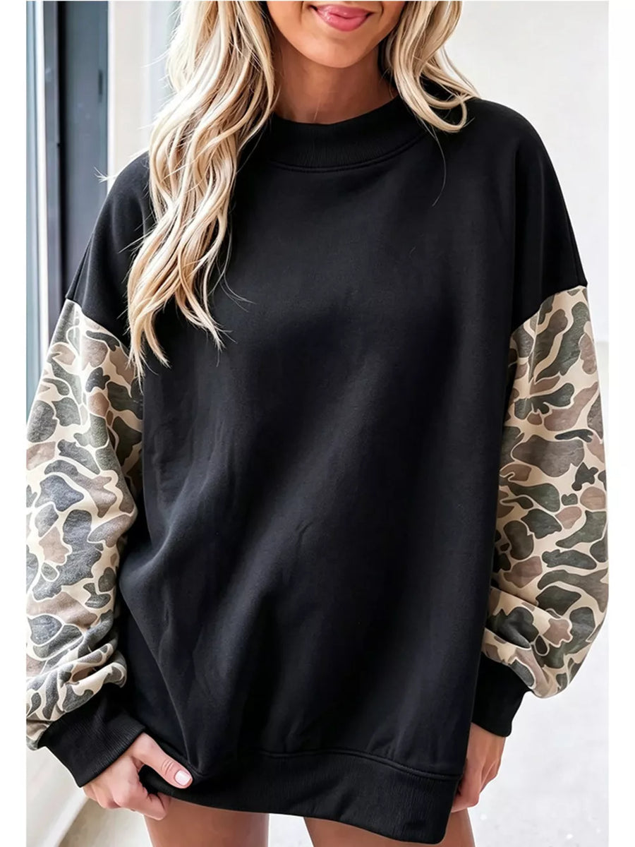sweatshirt featuring camo in dark brown with 65% polyester, 30% viscose, 5% elastane Care instructions: Machine wash cold
