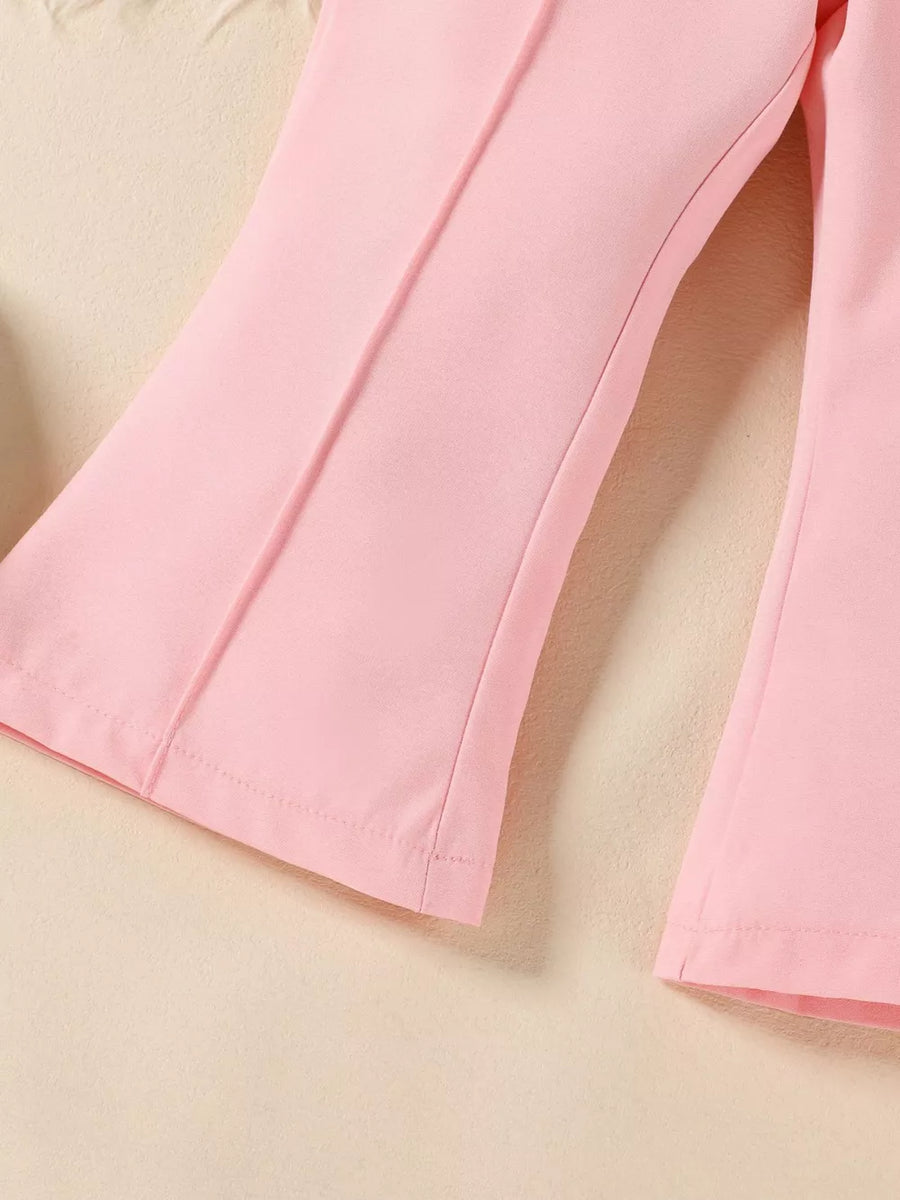 Pink baby flare pants with a stitched seam detail.