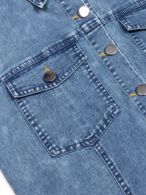 Button-front denim dress with silver buttons and chest pockets.