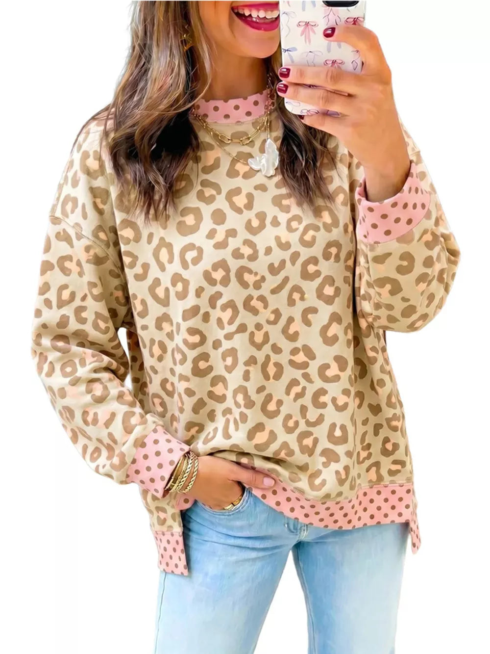 beige sweatshirt with leopard-print, polka-dot and crew neck