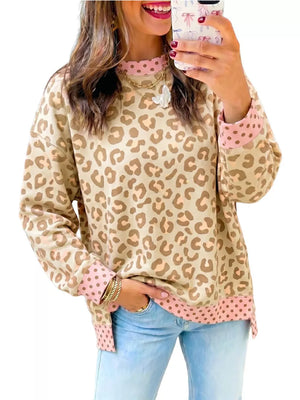 beige sweatshirt with leopard-print, polka-dot and crew neck