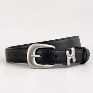 Black cowhide leather belt with H-shaped buckle and silver buckle.