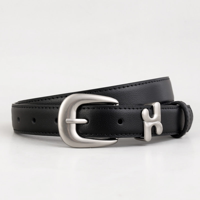 Black cowhide leather belt with H-shaped buckle and silver buckle.