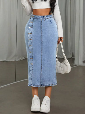 85% cotton, 15% polyester Care instructions: Machine wash cold midi skirt in light blue with straight silhouette