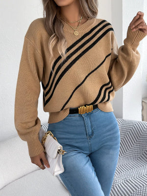 Khaki striped casual sweater with round neck and acrylic blend.