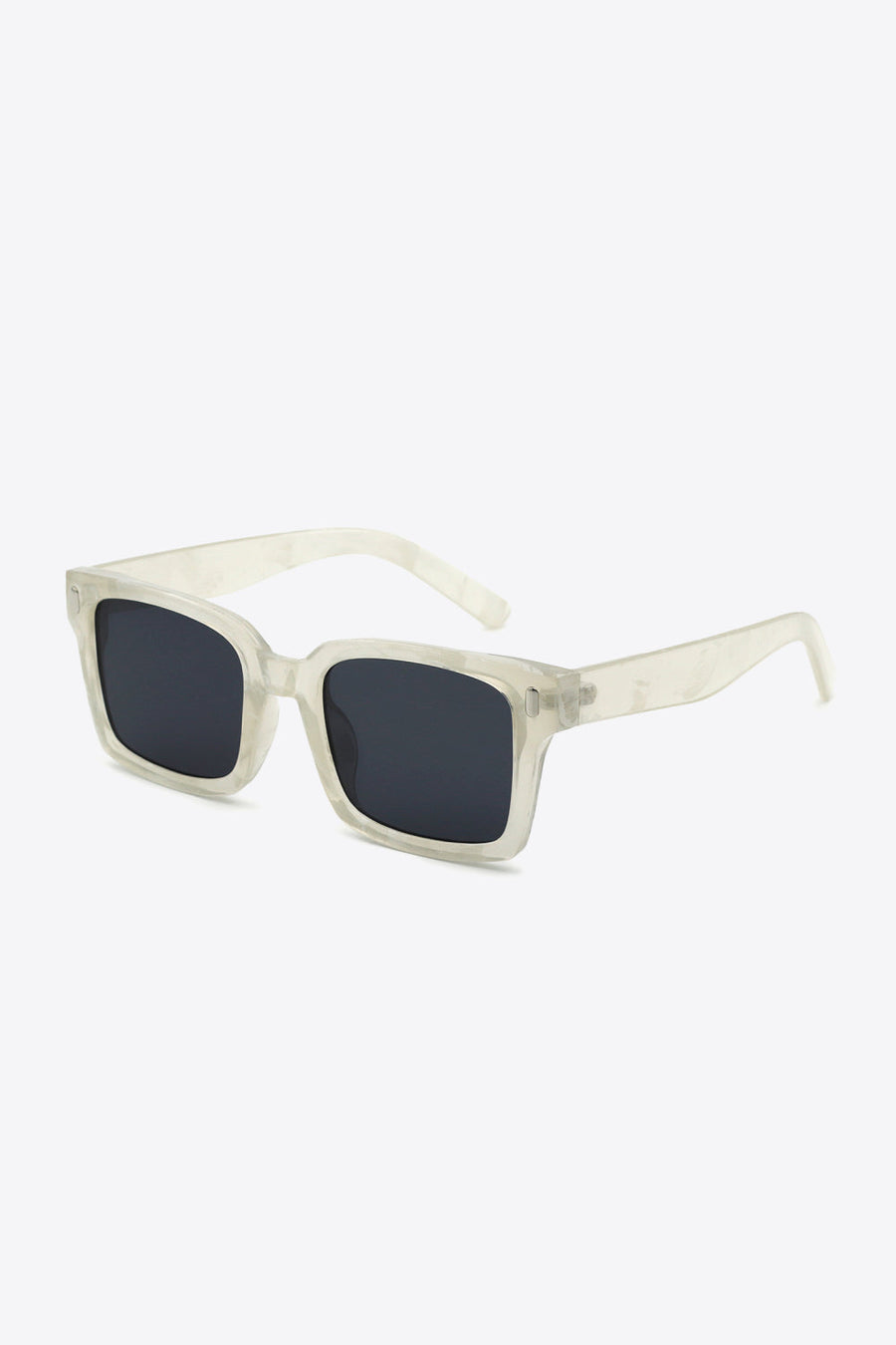 Transparent marble effect rectangular sunglasses with dark lenses.