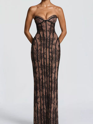 Black lace sweetheart maxi dress with corset detail and sheer overlay.