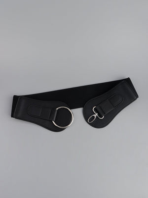 Black elastic waist cincher belt with silver ring buckle and clasp closure