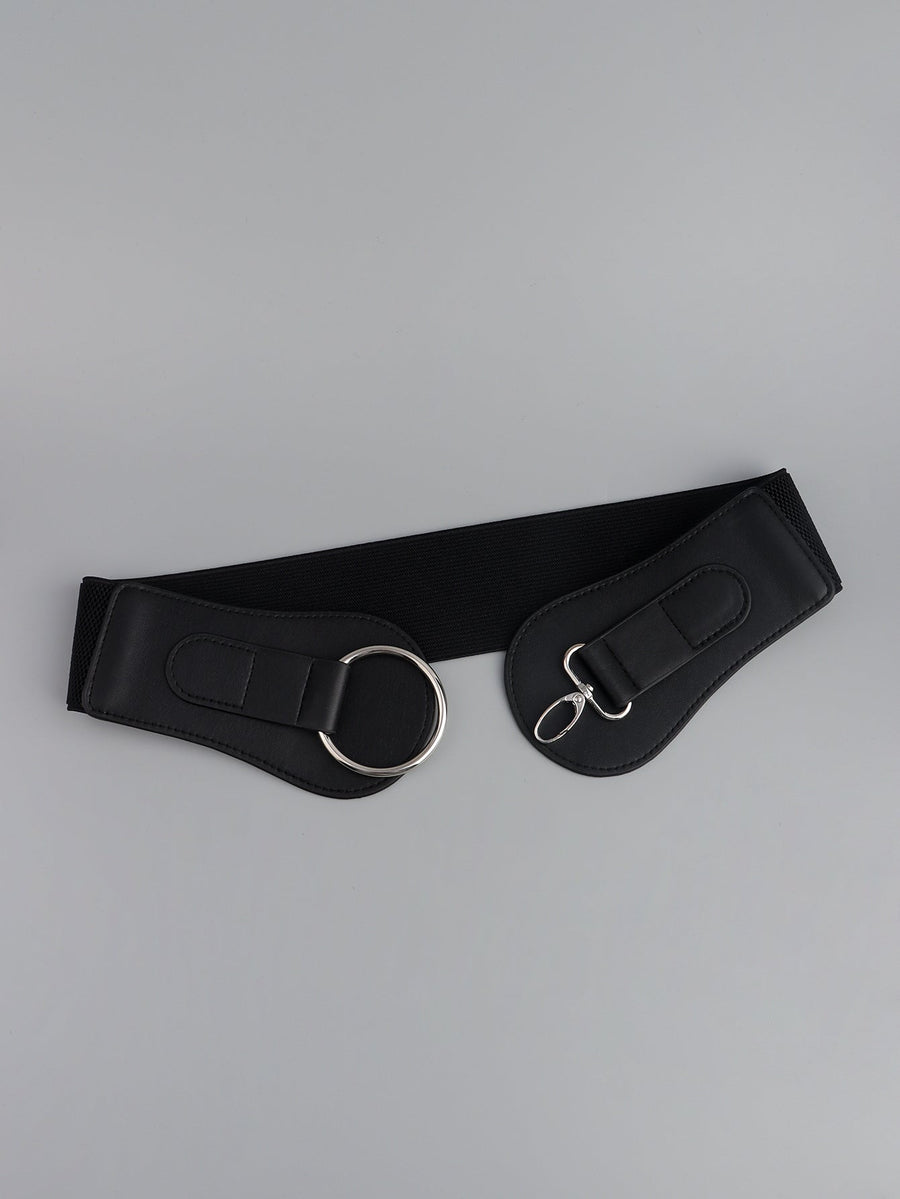 Black elastic waist cincher belt with silver ring buckle and clasp closure