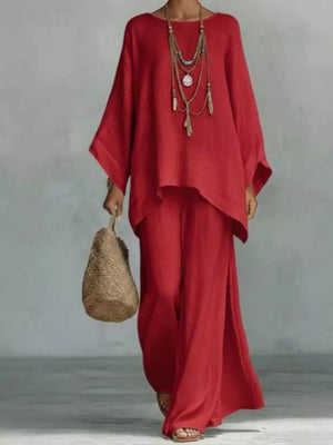 Casual Loose Fit Top And Pants Two-piece Set in Khaki Color with plus-size