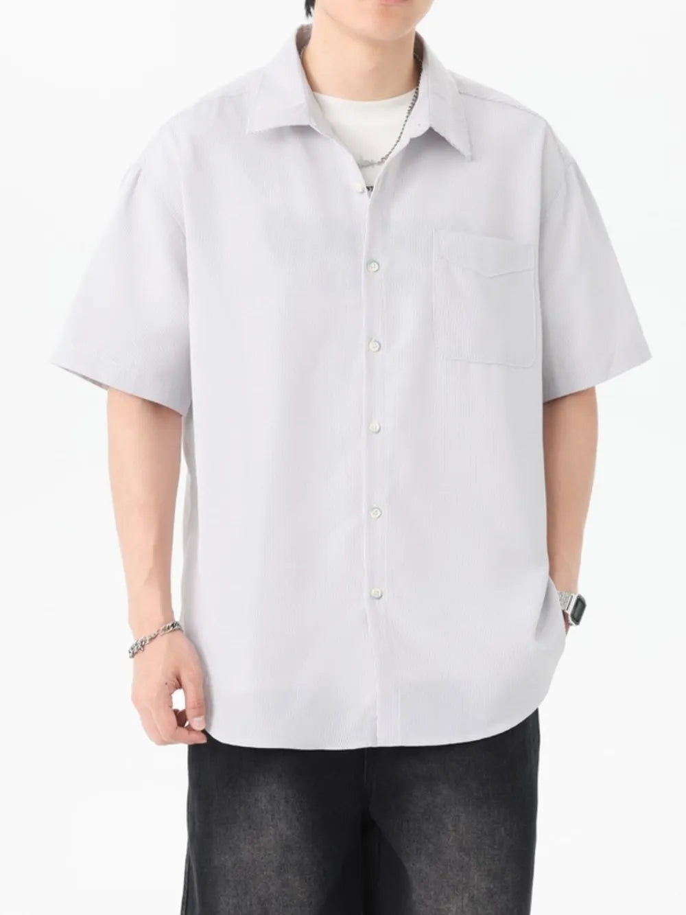 White Button-down Oversized Short-sleeve Top