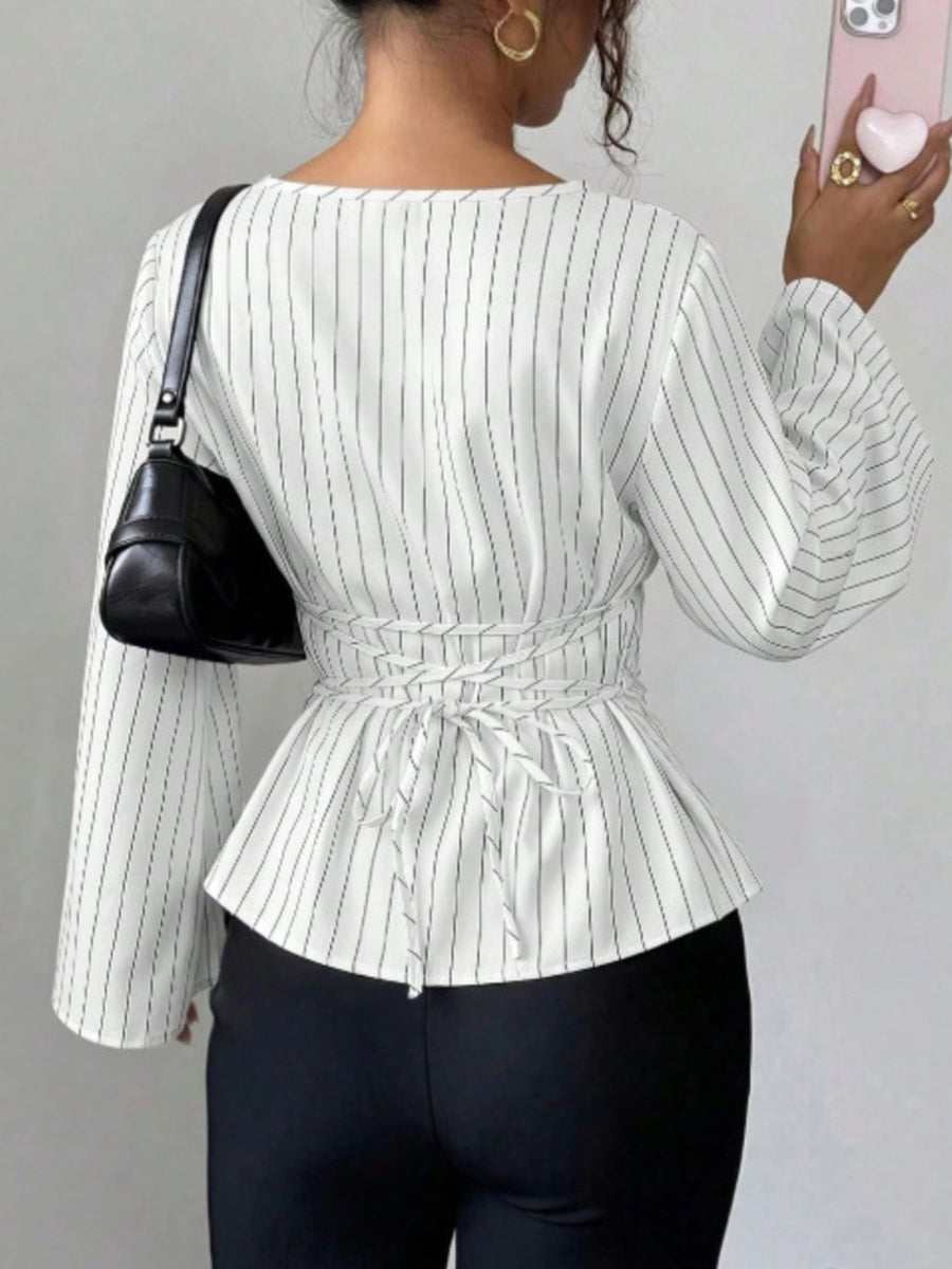 blouse featuring striped in white with 100% polyester Care instructions: Machine wash cold texture