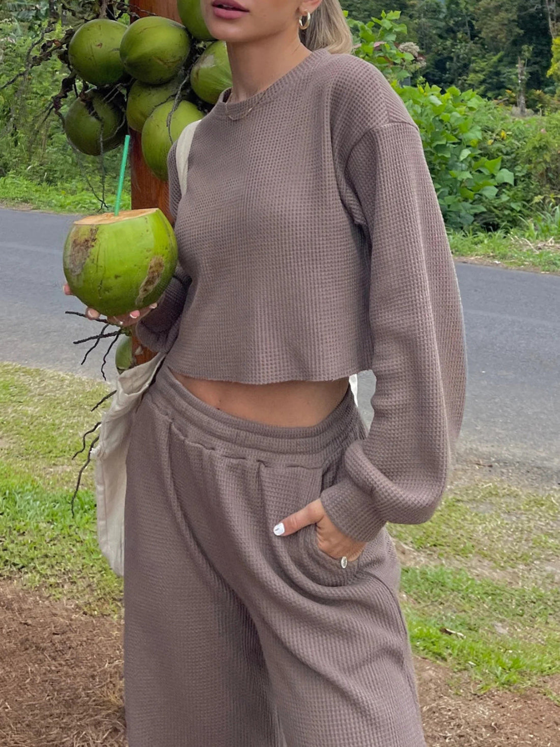 Waffle knit cropped lounge set in Mocha