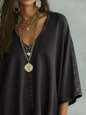 Black V-neck Batwing Sleeve T-shirt