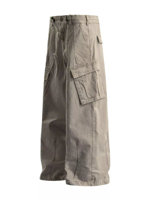 Tan cargo pants with drawstring waist and multiple pockets