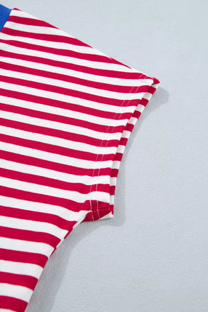 Red and white striped cotton V-neck lounge set top detail