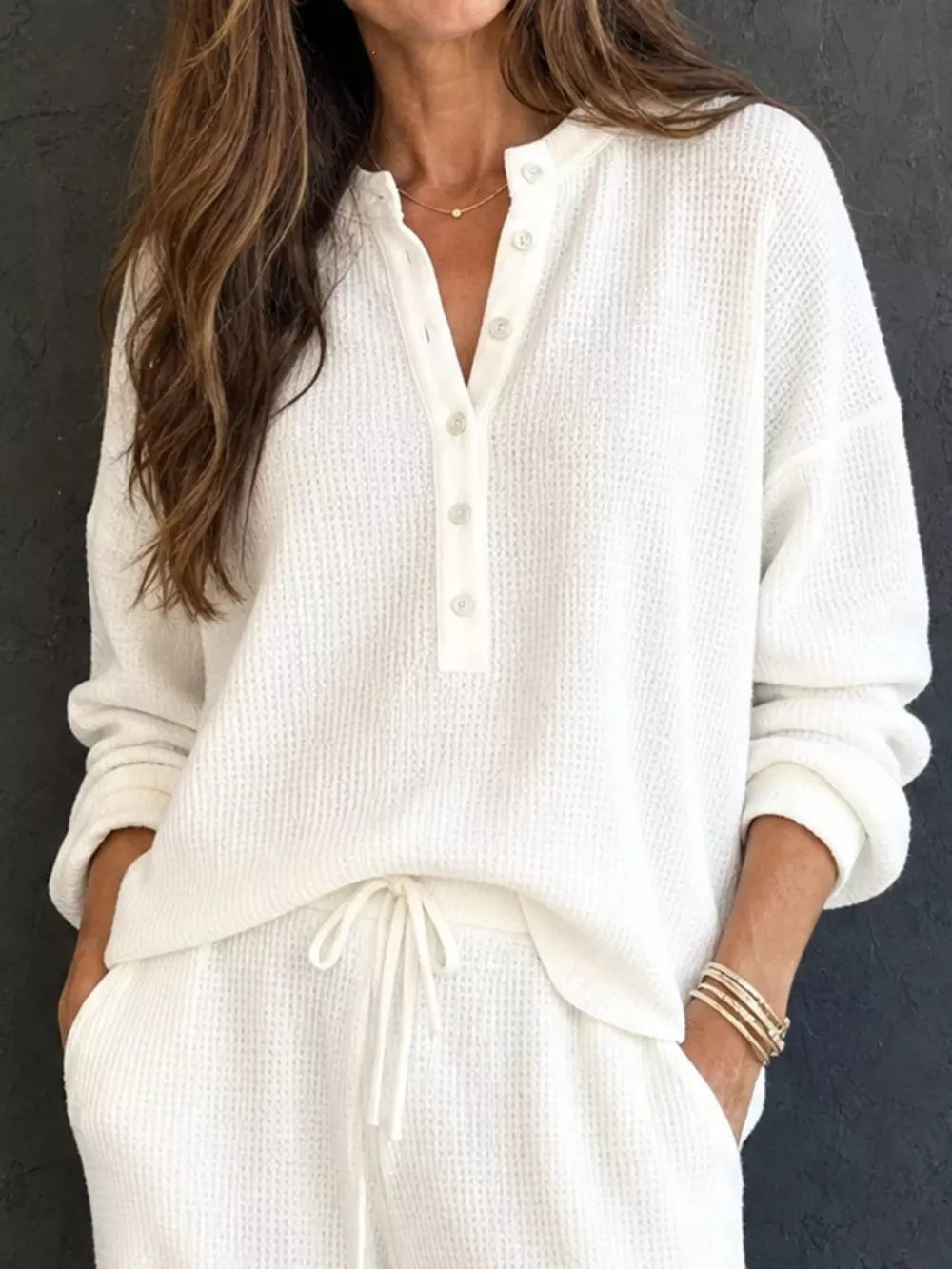White lounge set featuring waffle-knit and waffle-knit