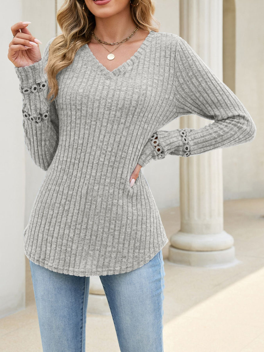 v-neck sweater in Dusty Blue with ribbed and hip-length