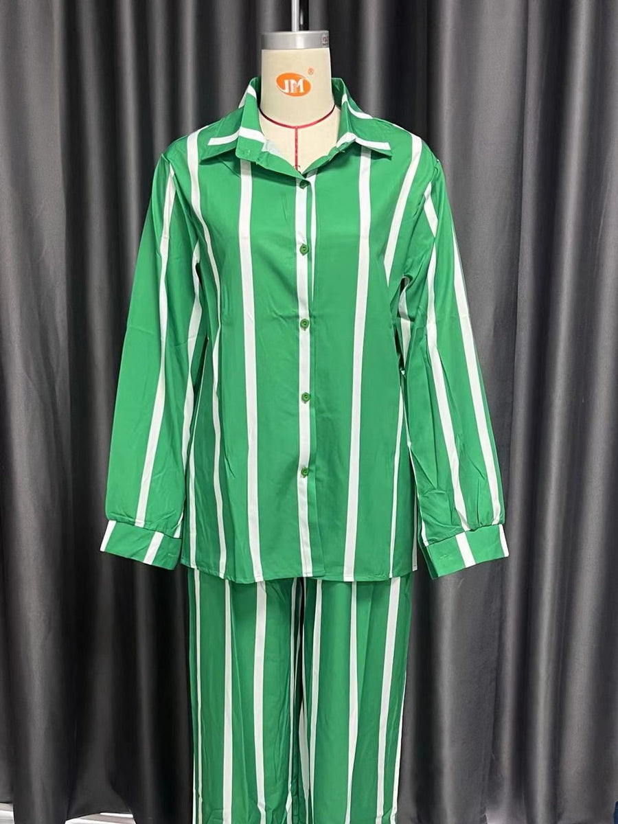 kelly green two-piece set featuring buttoned and striped