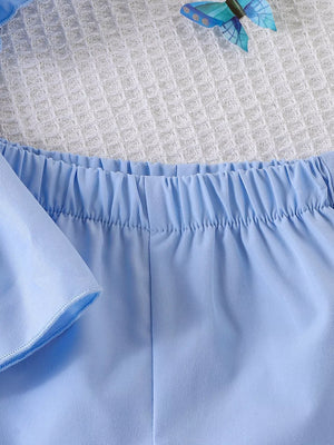 Blue with Children's Bow Puff Sleeve Top And Shorts Set in Blue