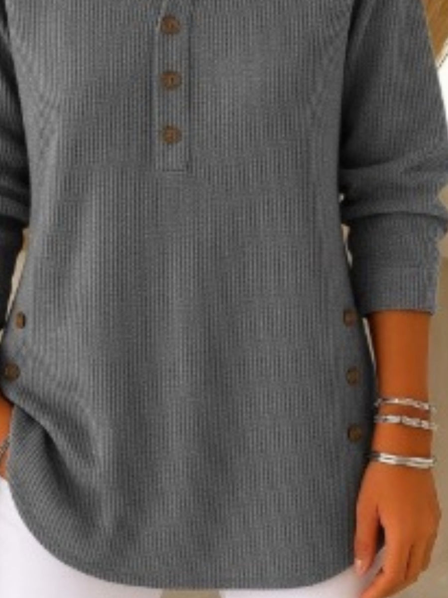 100% polyester Care instructions: Machine wash cold henley in Light Purple with relaxed silhouette