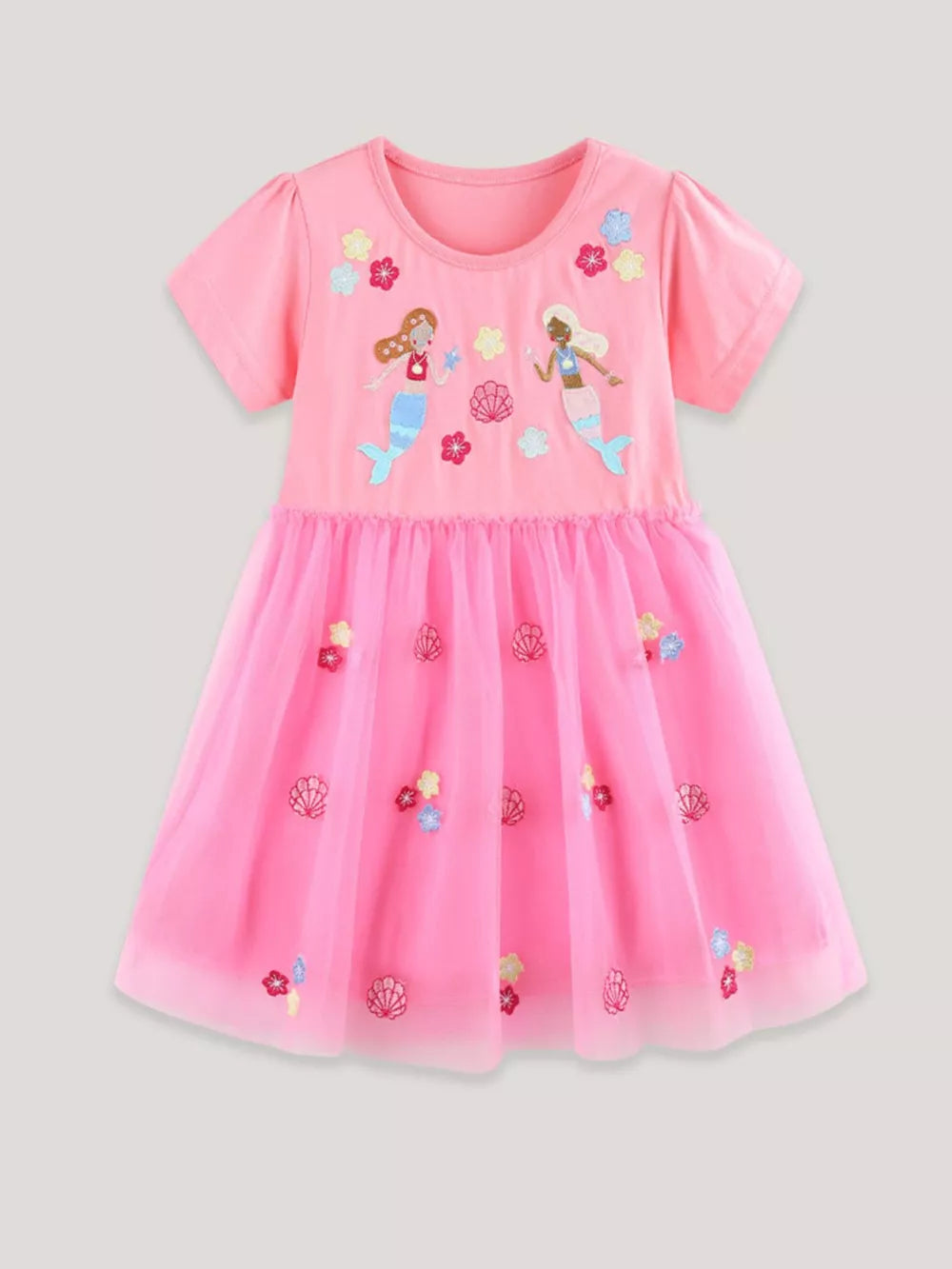 Pink toddler tulle dress with embroidered mermaids and flowers.