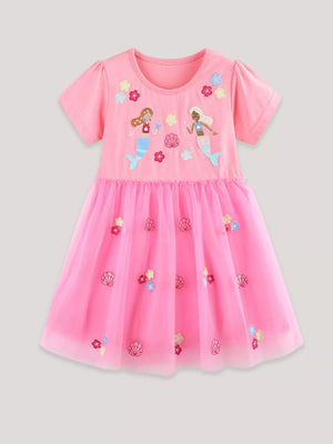 Pink toddler tulle dress with embroidered mermaids and flowers.