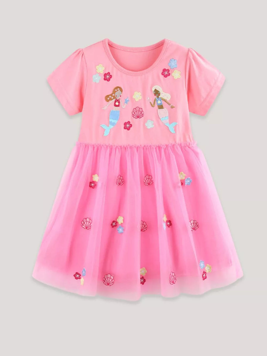 Pink toddler tulle dress with embroidered mermaids and flowers.