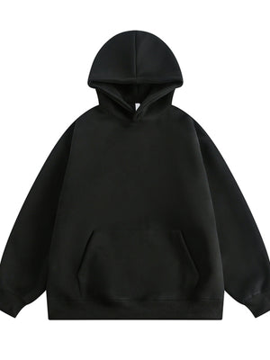Black hooded sweatshirt with front pocket and long sleeves