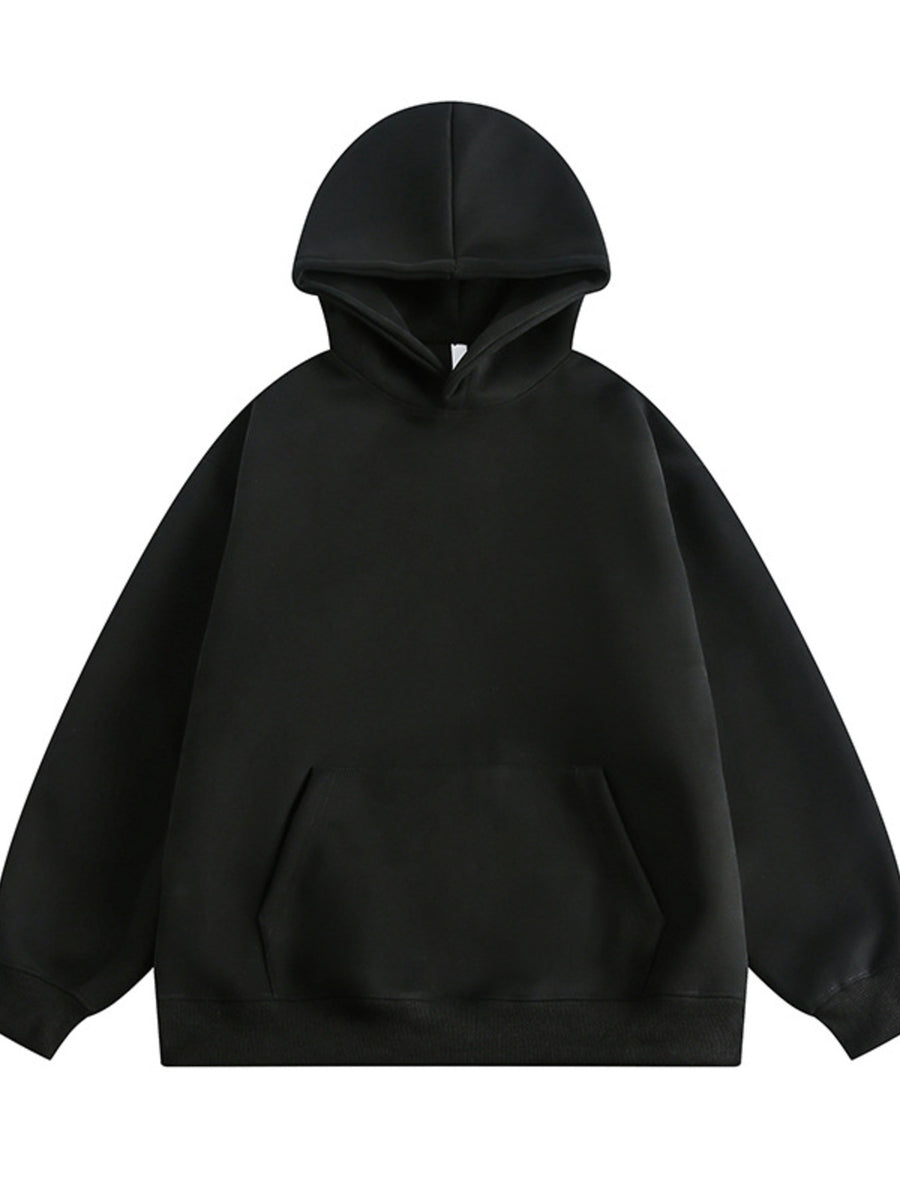 Black hooded sweatshirt with front pocket and long sleeves