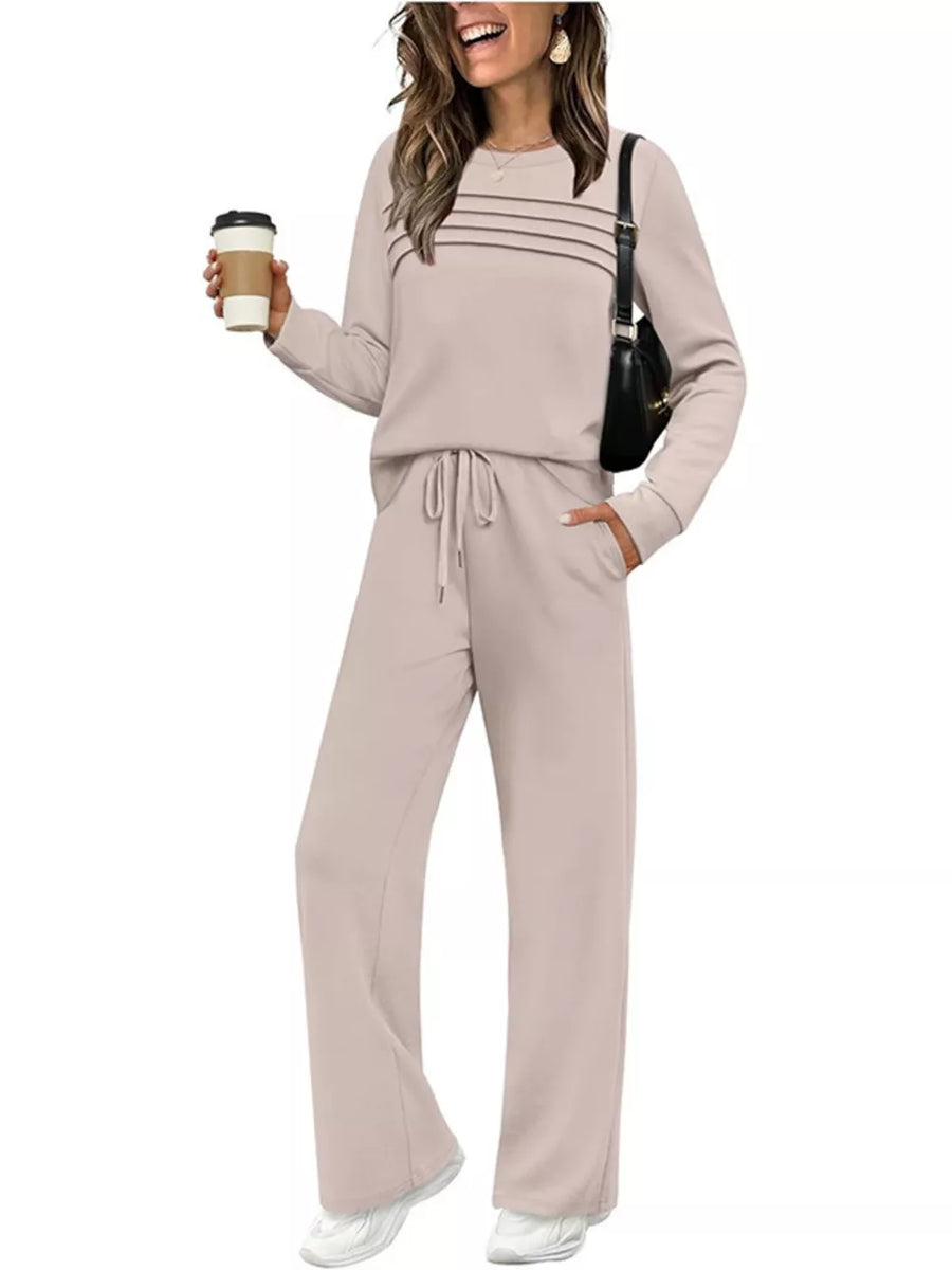 Dark Blue Casual Long Sleeve Crewneck Top & Drawstring Pants Set