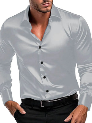 Satin finish button-down shirt in gray with black buttons, long sleeves, and a classic collar.
