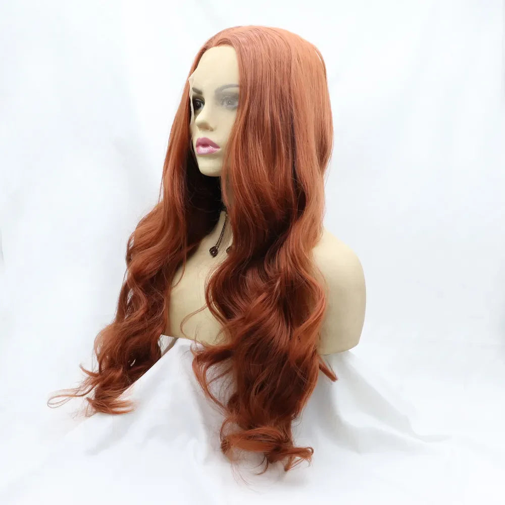 Orange lace front wig with long, wavy hair styled on a mannequin head.
