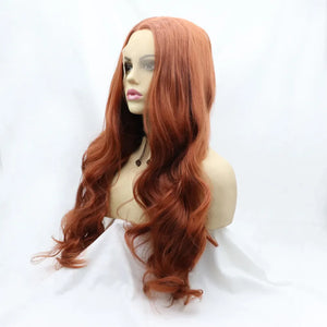Orange lace front wig with long, wavy hair styled on a mannequin head.