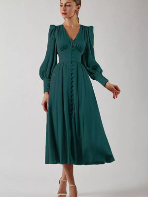 Elegant V-neck Puff Sleeve Button-down Midi Dress in Black