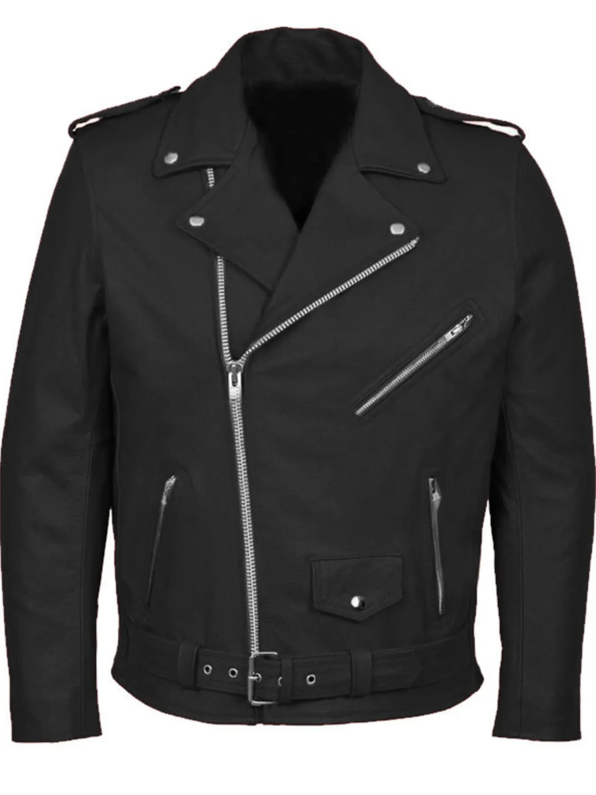 Men's black zip-up motorcycle jacket with belted waist and silver hardware.